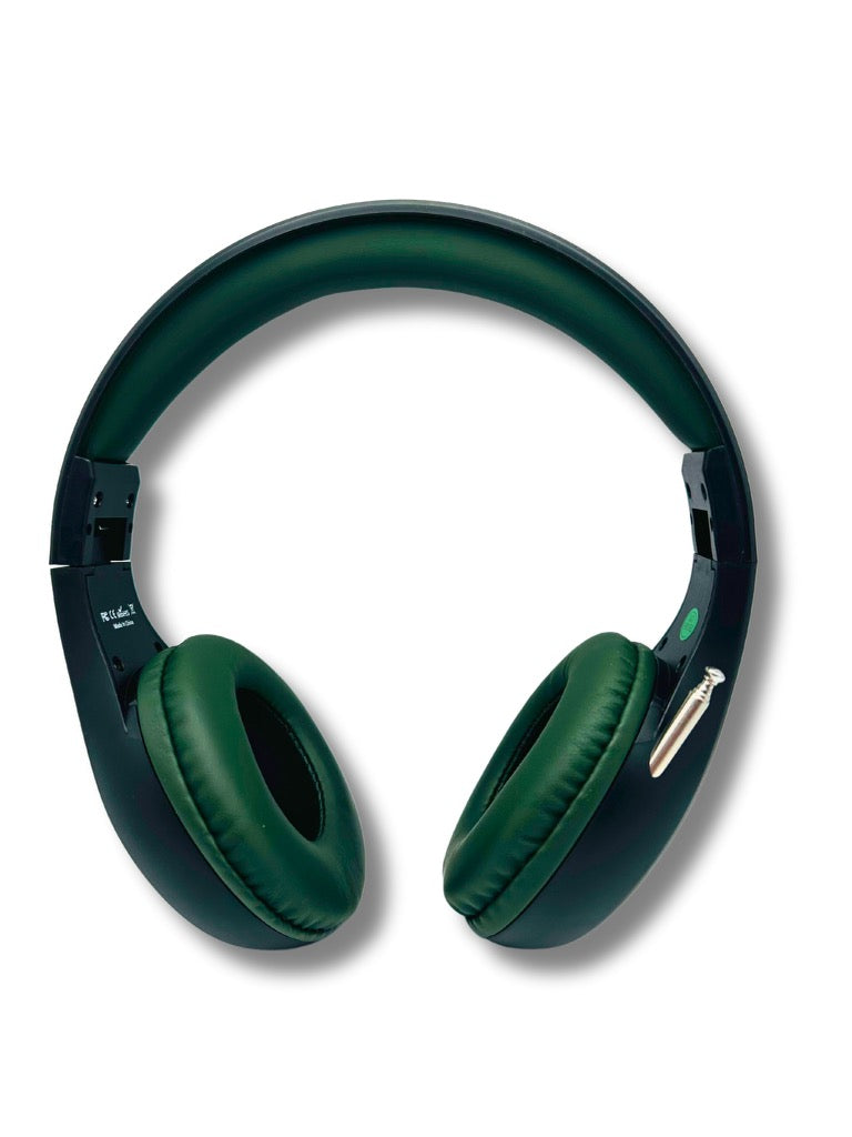 Things Audio black and army green over-ear FM radio headphones front view