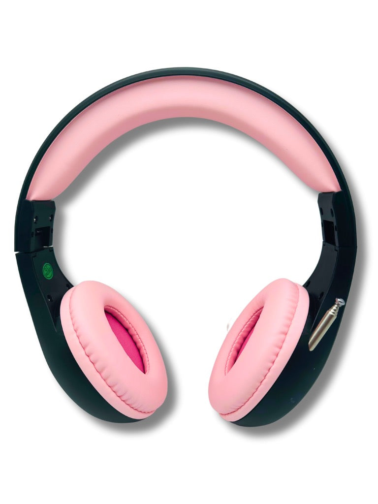 Things Audio black and pink over-ear FM radio headphones front view