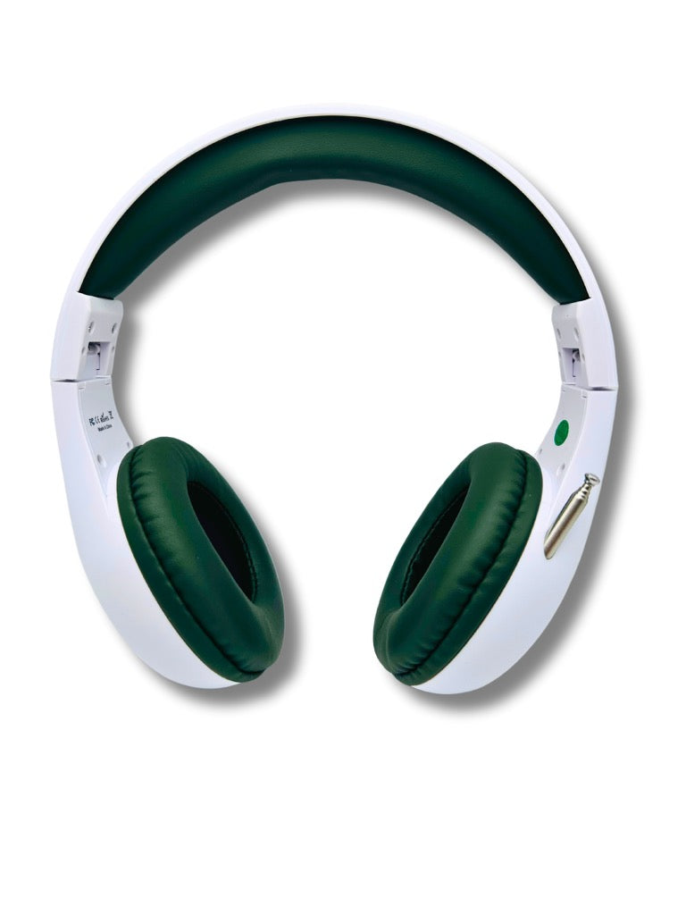 Things Audio white and army green over-ear FM radio headphones front view