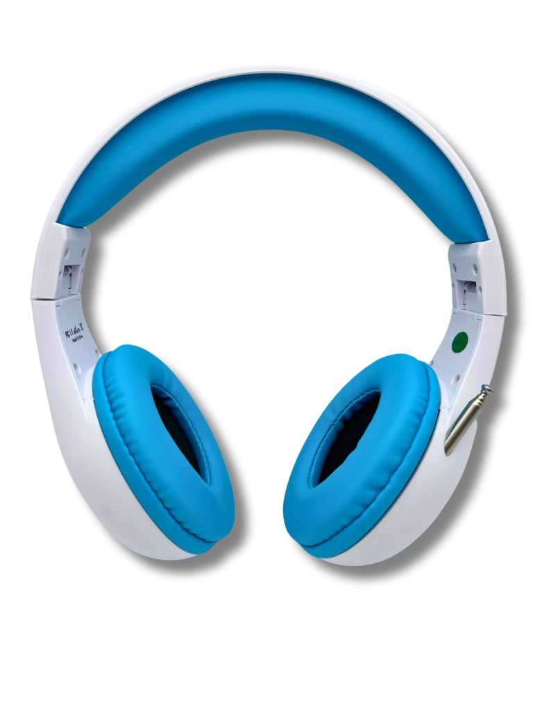 Things Audio white and blue over-ear FM radio headphones front view
