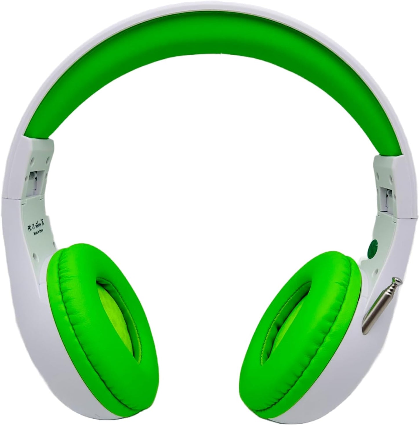 Things Audio white and lime green over-ear FM radio headphones front view