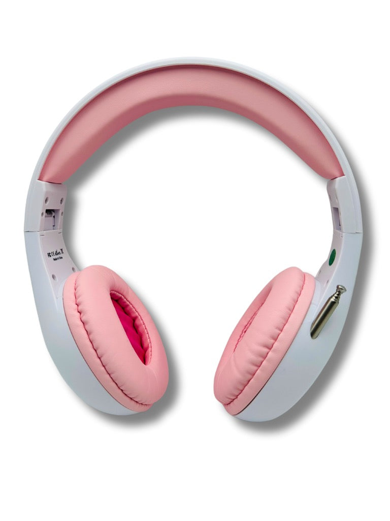 Things Audio white and pink over-ear FM radio headphones front view
