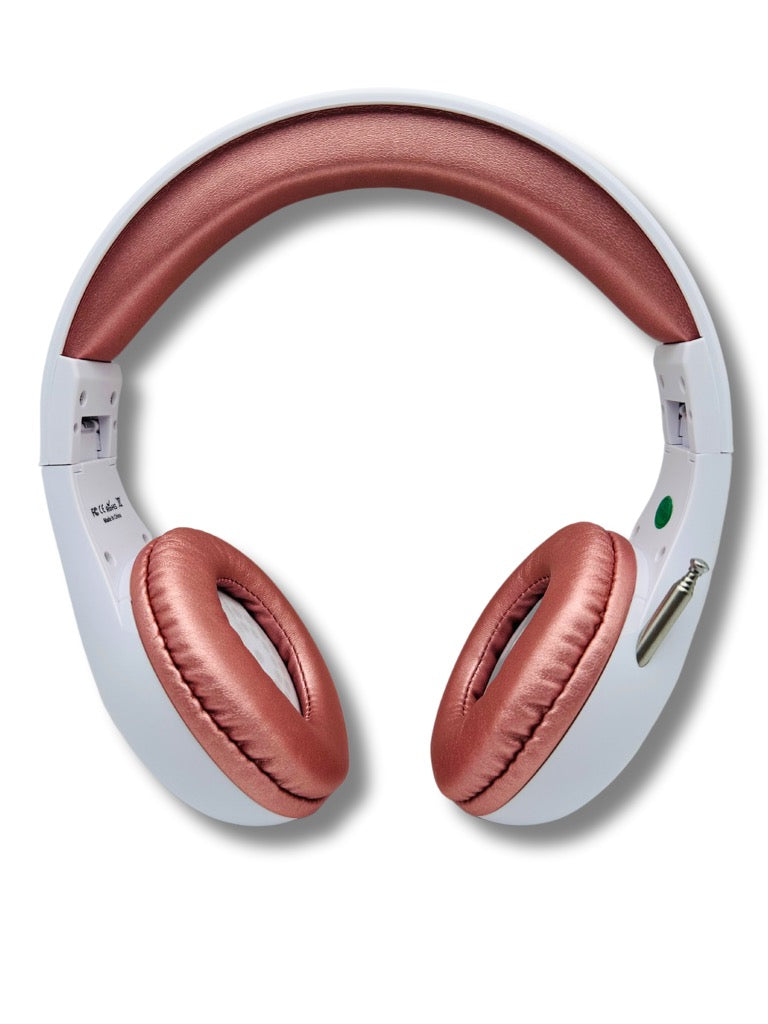 Things Audio white and rose gold over-ear FM radio headphones front view