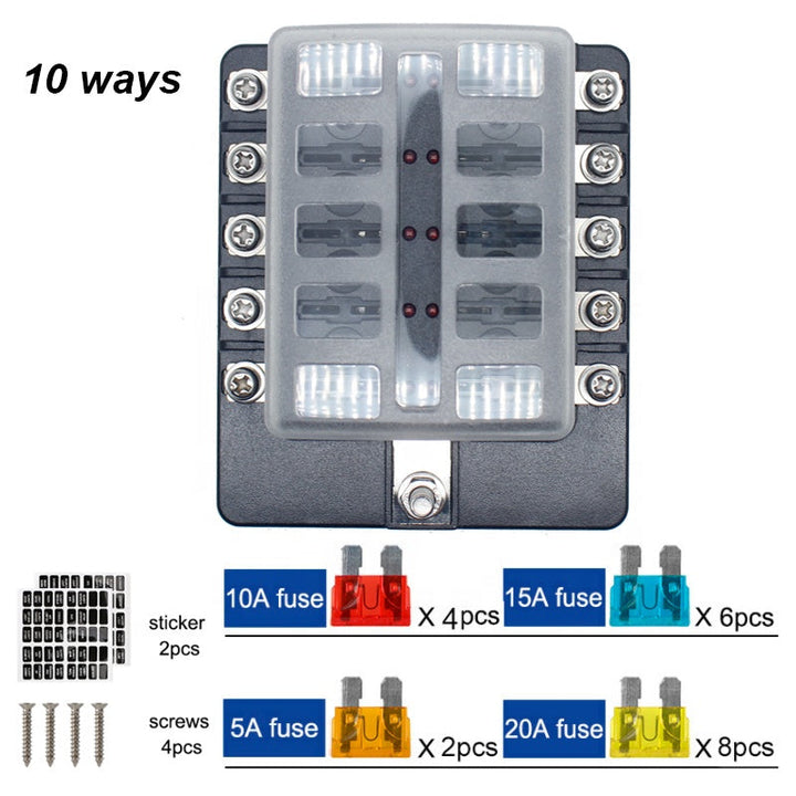 10-Way Fuse Box Blade Fuse Blocks with LED Warning Indicator for Car Boat Marine