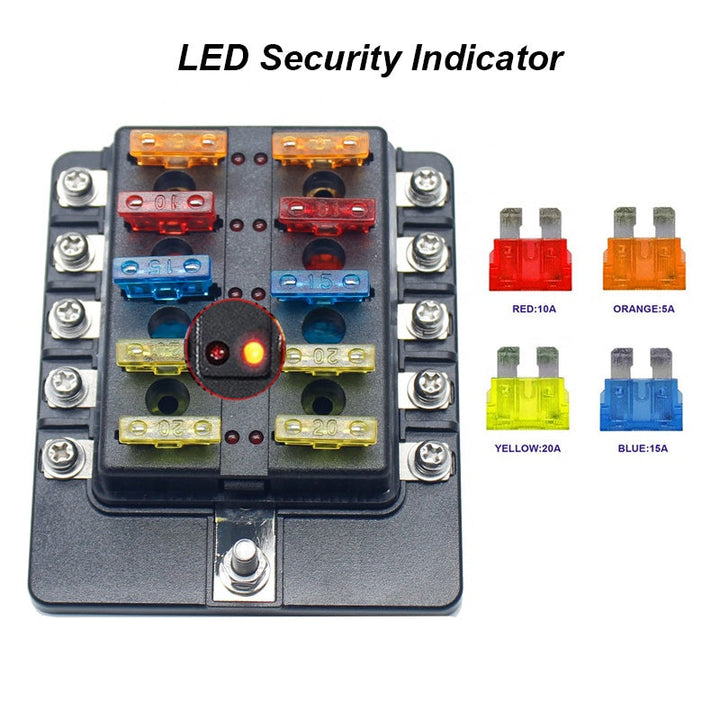 10-Way Fuse Box Blade Fuse Blocks with LED Warning Indicator for Car Boat Marine