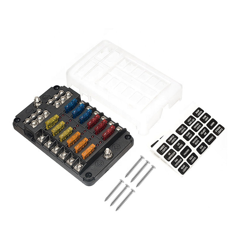 12-Way Blade Fuse Block 12 Volt Fuse Box 12 Circuits with Negative Bus bolt Terminal Block with LED Indicator