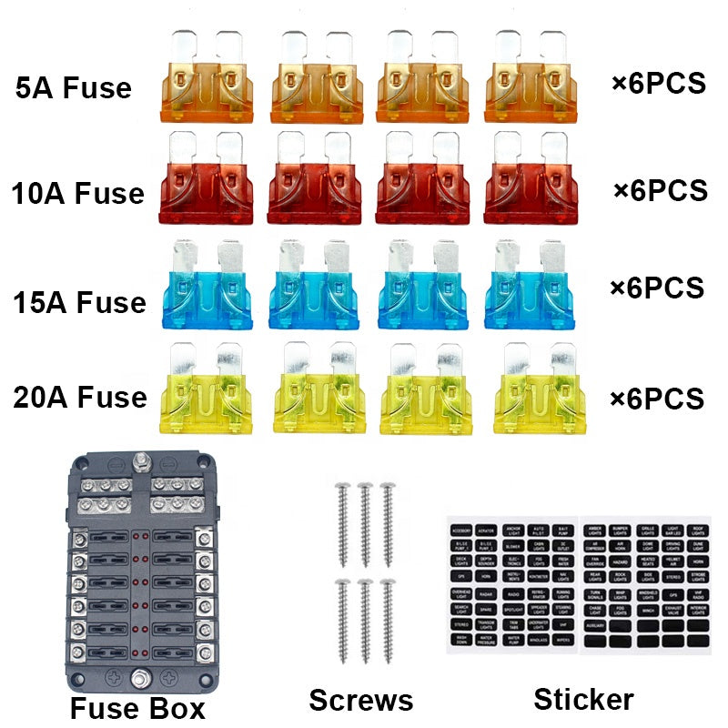 12-Way Blade Fuse Block 12 Volt Fuse Box 12 Circuits with Negative Bus bolt Terminal Block with LED Indicator