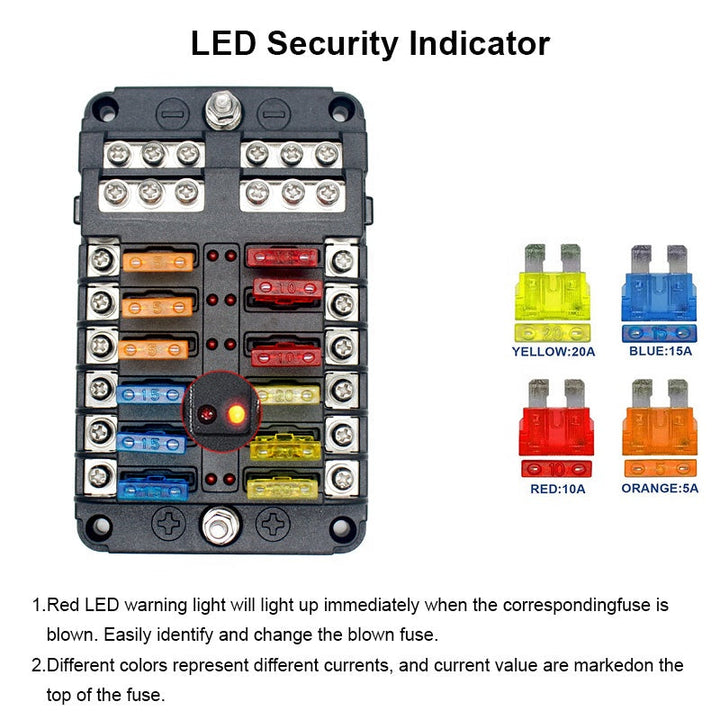 12-Way Blade Fuse Block 12 Volt Fuse Box 12 Circuits with Negative Bus bolt Terminal Block with LED Indicator