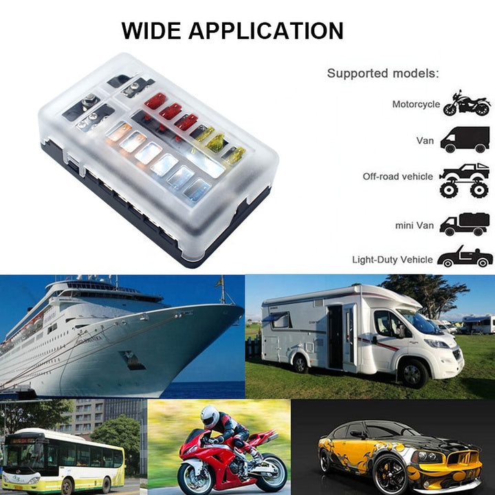 12-Way Blade Fuse Block 12 Volt Fuse Box 12 Circuits with Negative Bus bolt Terminal Block with LED Indicator