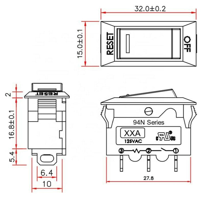 12A Thermal Overload Protector Reset Push Rocker Switch Circuit Breaker 94N-12A