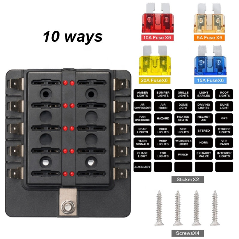 12V 24V 10 Way Blade Fuse Box Holder with LED Warning Light Kit for Car Boat Marine