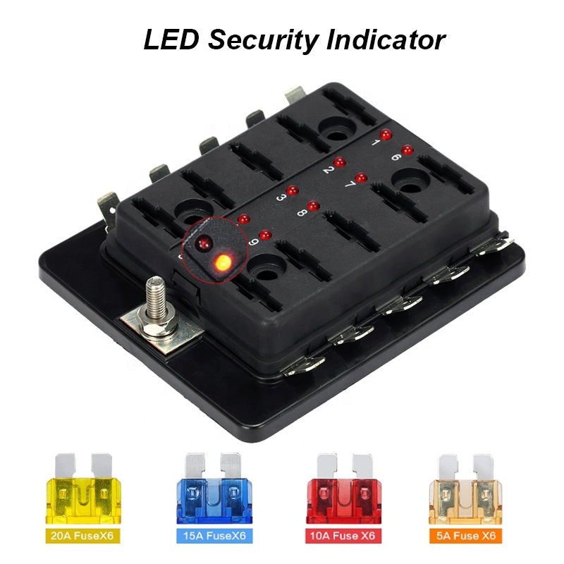 12V 24V 10 Way Blade Fuse Box Holder with LED Warning Light Kit for Car Boat Marine