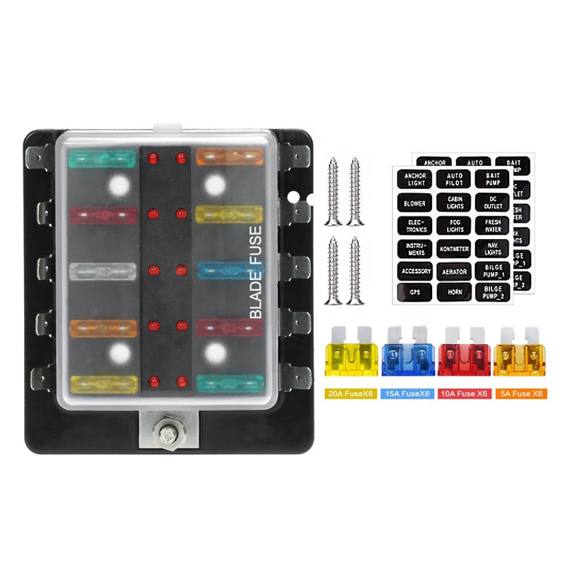 12V 24V 10 Way Car Boat Marine Trike Blade Fuse Box Holder with LED Warning Light