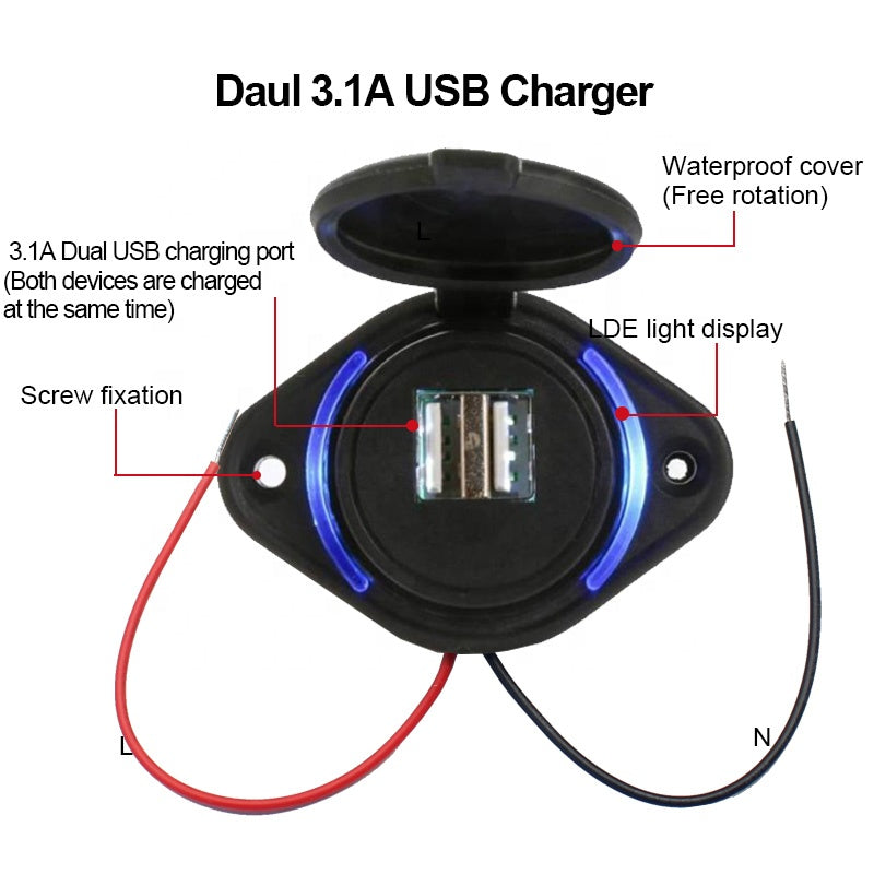 12V 24V Input 5V 2.1A and 1A Dual Output BUS USB Port Charger Socket with LED Backlight