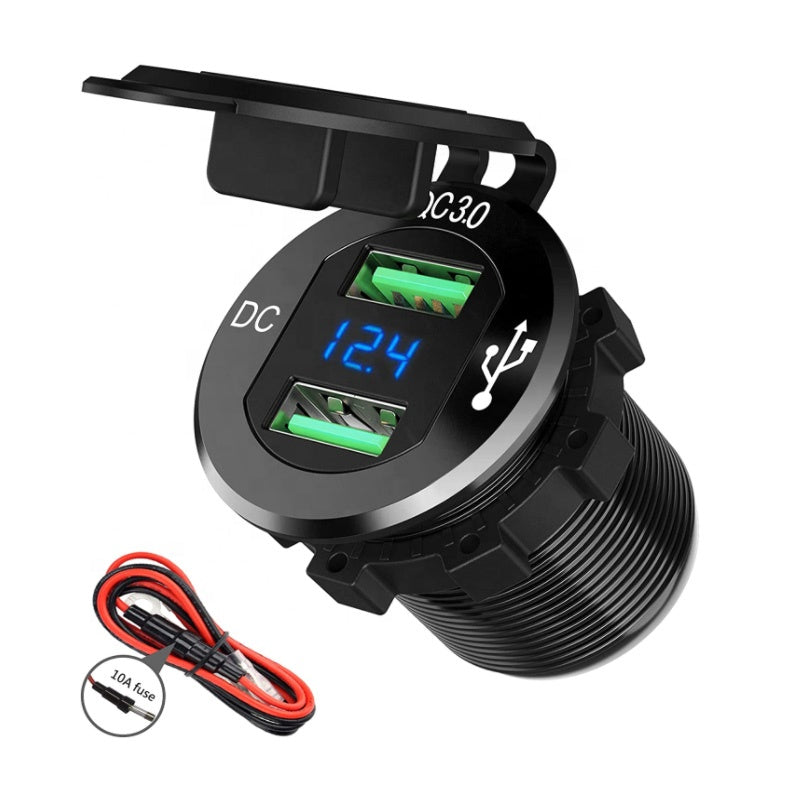 12V 24V Power Outlet with LED Voltmeter Car Boat Marine Quick Charge 3.0 Dual USB Car Charger Fast Charge Socket