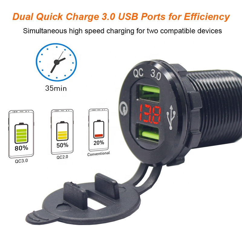 12V 24V Power Outlet with LED Voltmeter Car Boat Marine Quick Charge 3.0 Dual USB Car Charger Fast Charge Socket