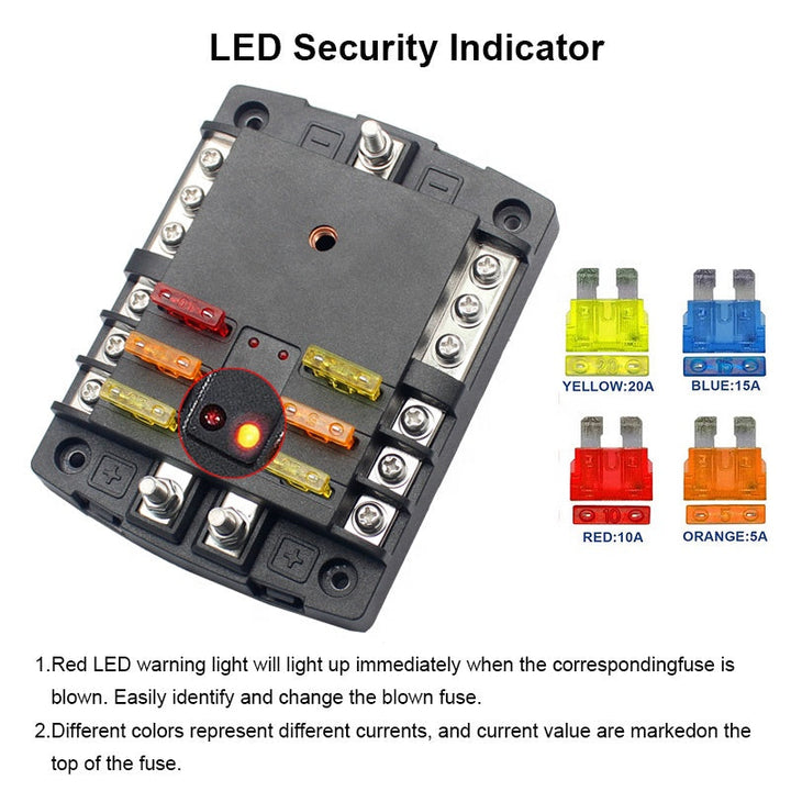 12V/24V 6 Way Auto Car Boat Marine With LED Indicator Light 6 Circuit Blade Fuse Box Holder