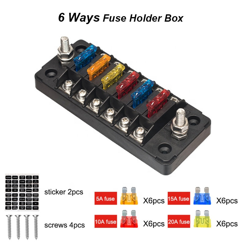 12V/24V Automotive Bus Car Truck Boat Marine RV 6 Way Fuse Box Holder Blade Fuse Block with Negative