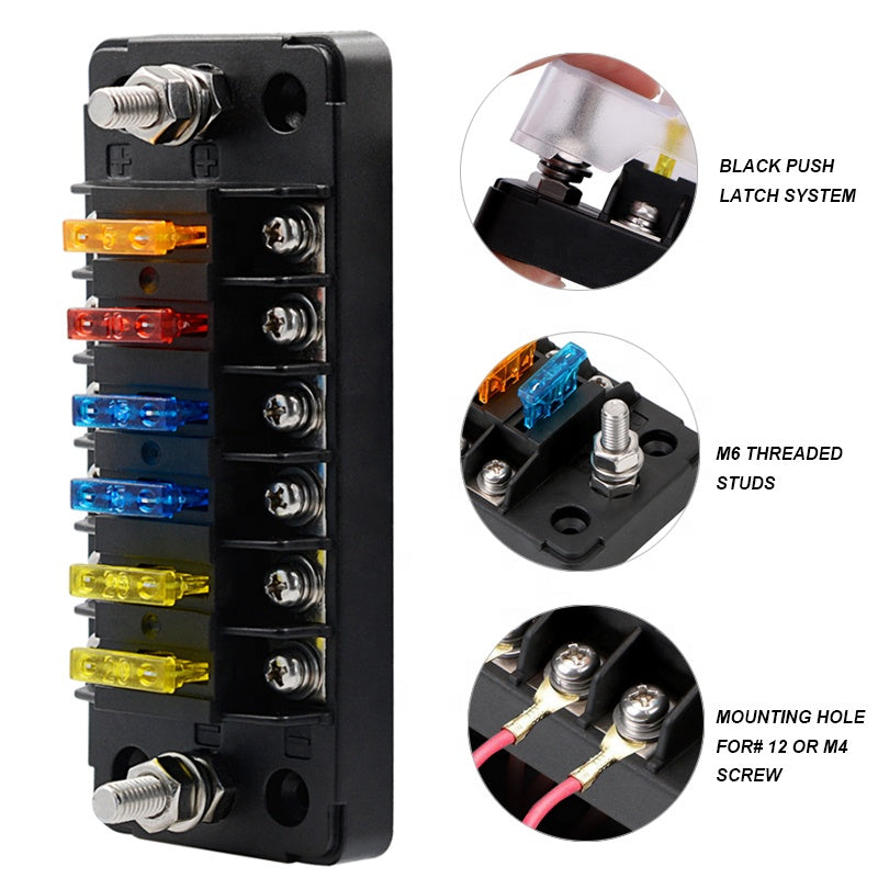 12V/24V Automotive Bus Car Truck Boat Marine RV 6 Way Fuse Box Holder Blade Fuse Block with Negative