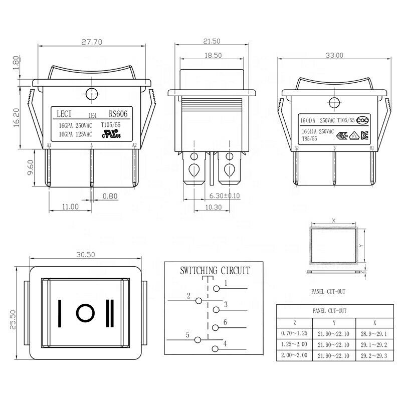 Welding Machine, Marine Rocker Switch 16A 125/250VAC On-Off DPDT 6 Pin High Current (Max Current 20A)