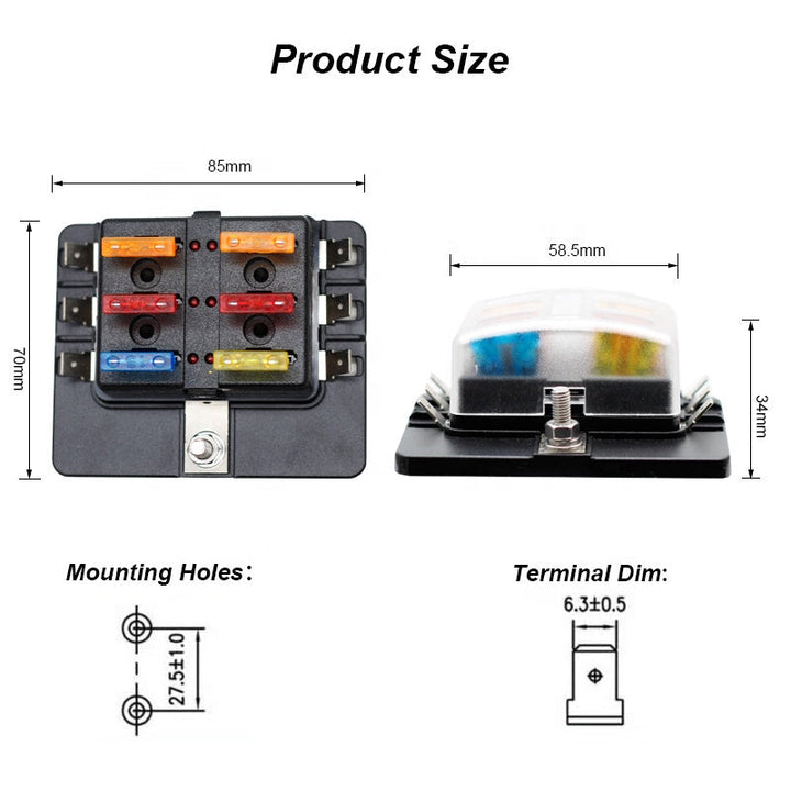 24VDC 6 Way Blade Fuse Box with LED Light Indication Cover Holder with snap in terminal