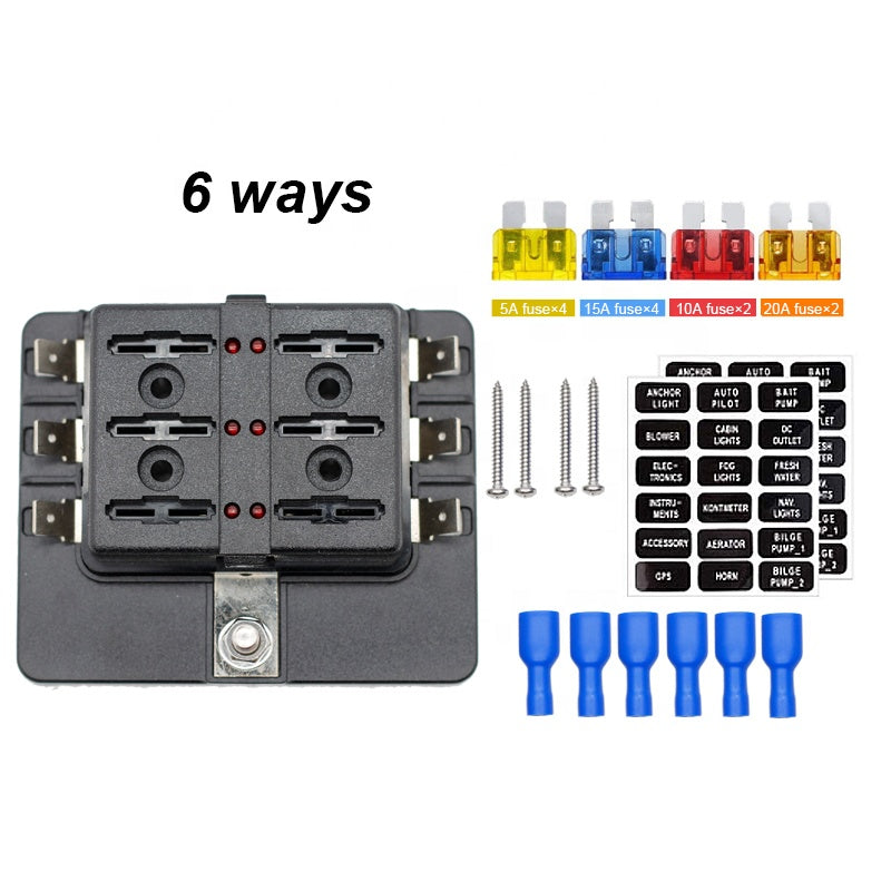 24VDC 6 Way Blade Fuse Box with LED Light Indication Cover Holder with snap in terminal