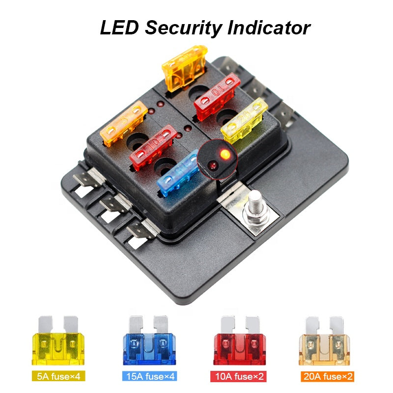 24VDC 6 Way Blade Fuse Box with LED Light Indication Cover Holder with snap in terminal