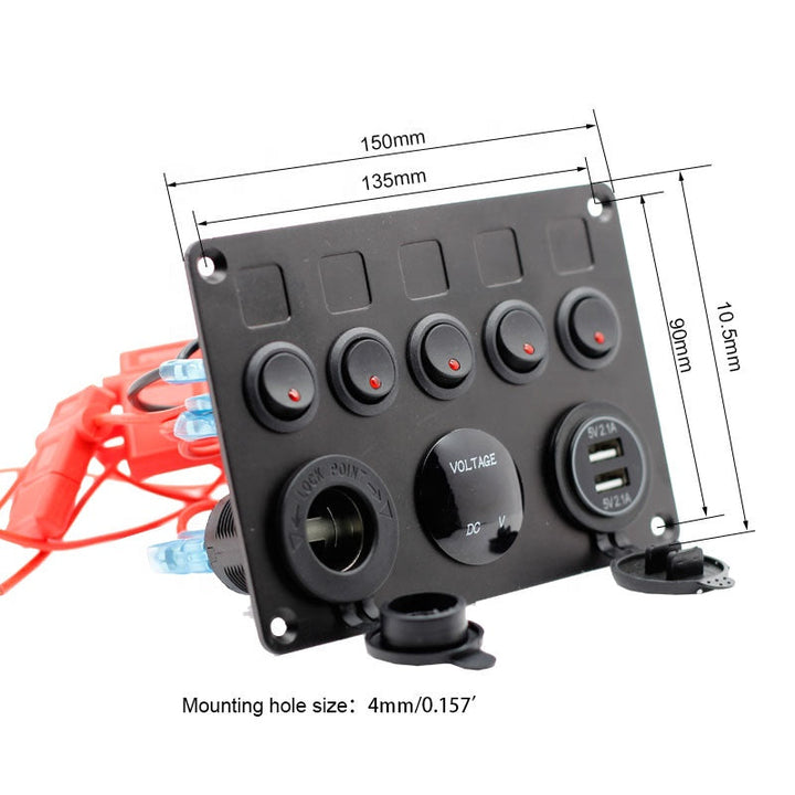 2 USB Socket Charger 4.2A red LED Voltmeter 12-24V Power Outlet 5 Gang ON-OFF car Toggle Switch Multi Functions Panel (FUSED)