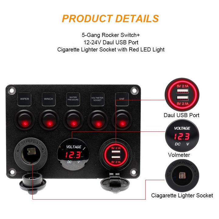 2 USB Socket Charger 4.2A red LED Voltmeter 12-24V Power Outlet 5 Gang ON-OFF car Toggle Switch Multi Functions Panel (FUSED)