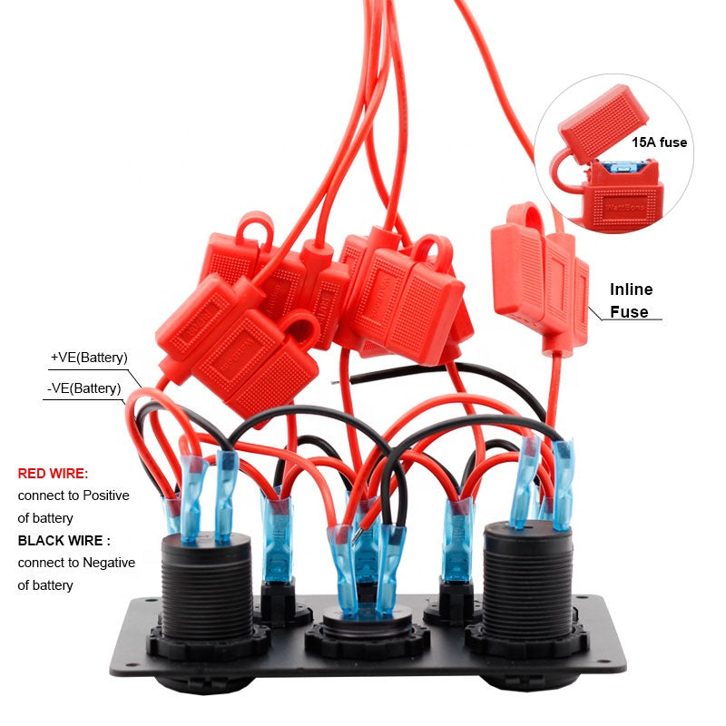 2 USB Socket Charger 4.2A red LED Voltmeter 12-24V Power Outlet 5 Gang ON-OFF car Toggle Switch Multi Functions Panel (FUSED)