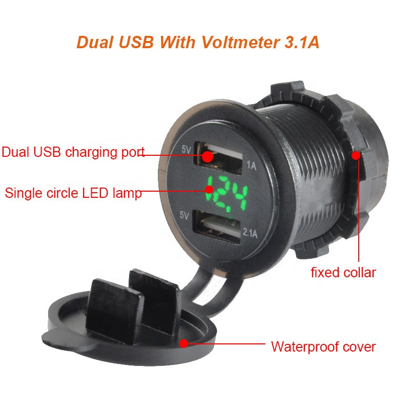 3.1A Dual Port USB Charger with Voltmeter 12-24V BLUE LED Digital Display Universal for Car Boat Motorcycle