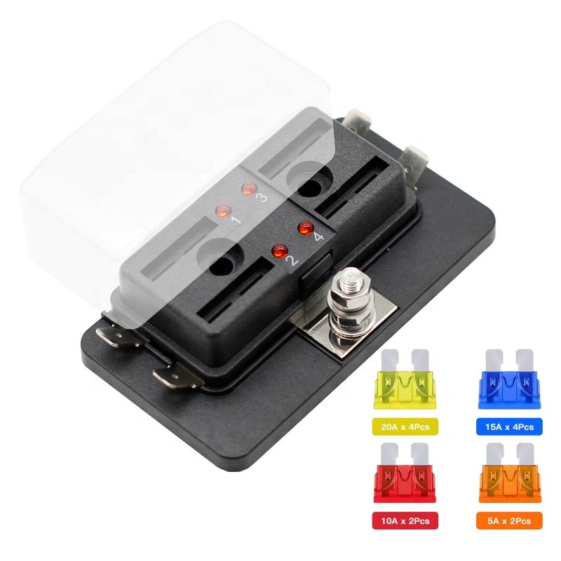 32V DC 4 Way Car Boat Marine Automotive Blade Fuse Box Fuse Holder Box With LED Indicator