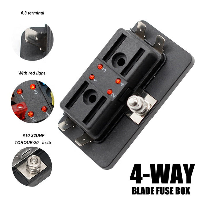 32V DC 4 Way Car Boat Marine Automotive Blade Fuse Box Fuse Holder Box With LED Indicator