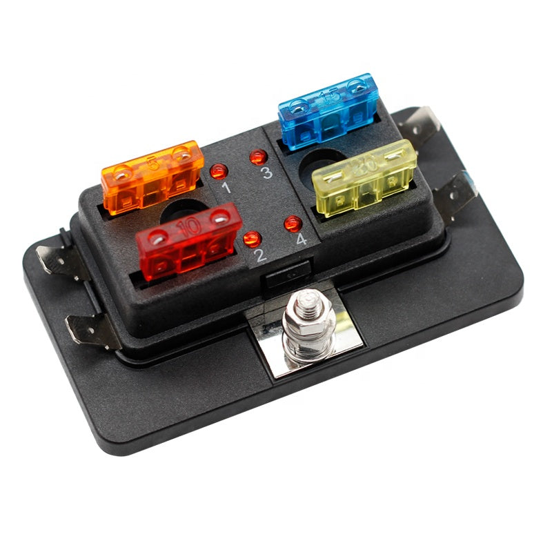 4-Way Blade Fuse Box with LED Indicator for Blown Fuse Block Holder Box with Protection Cover for Car Boat Marine Auto