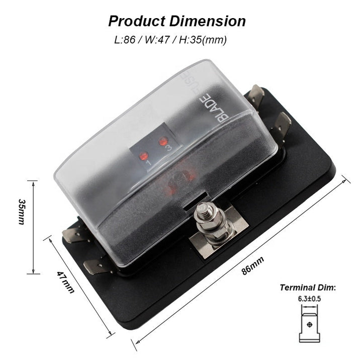 4-Way Blade Fuse Box with LED Indicator for Blown Fuse Block Holder Box with Protection Cover for Car Boat Marine Auto