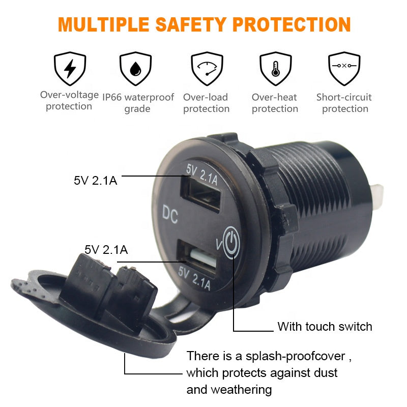 4.2A Dual USB Car Charger Socket Waterproof 12V/24V USB Fast Charger Socket Power Outlet with Touch Switch D5