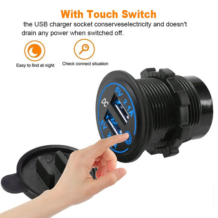 4.2A Dual USB Car Charger Socket Waterproof 12V/24V USB Fast Charger Socket Power Outlet with Touch Switch D5