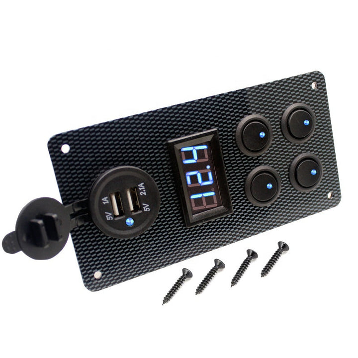 4 Gang Rocker Dual USB Charger + Digital Volmeter +12V Outlet Pre-Wired