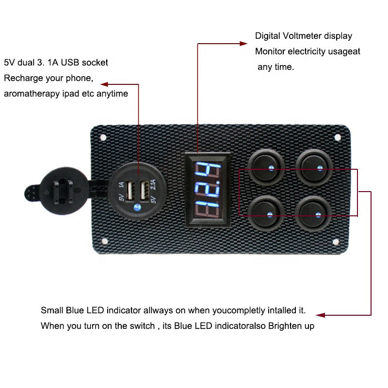 4 Gang Rocker Dual USB Charger + Digital Volmeter +12V Outlet Pre-Wired