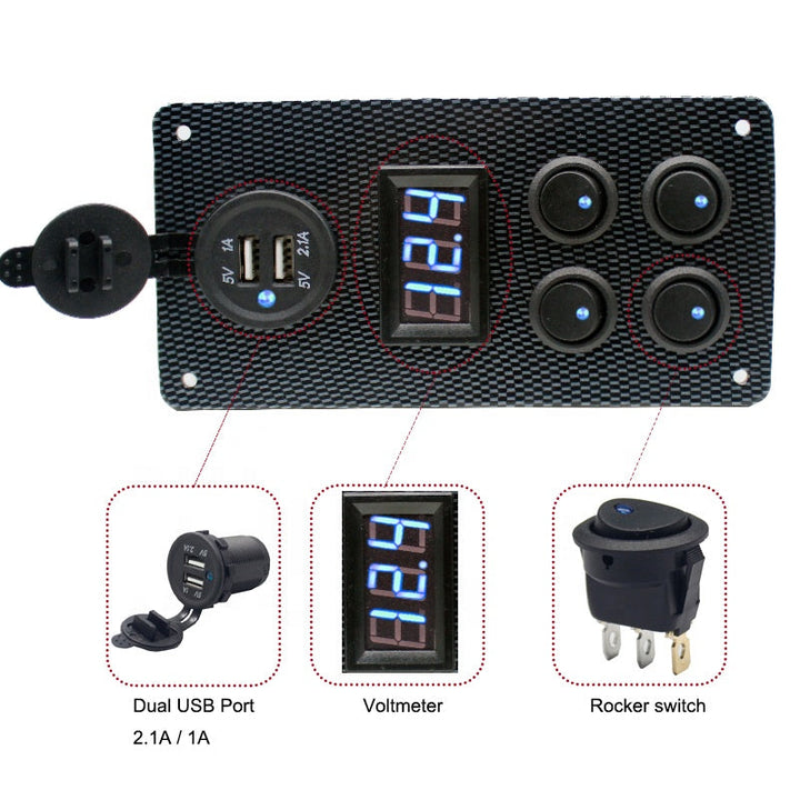 4 Gang Rocker Dual USB Charger + Digital Volmeter +12V Outlet Pre-Wired