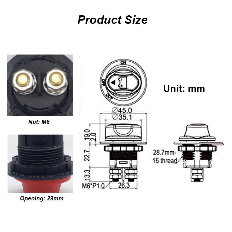 50V 100A Battery Switch Waterproof Master Isolator Dual Battery Disconnect Switch for Boat