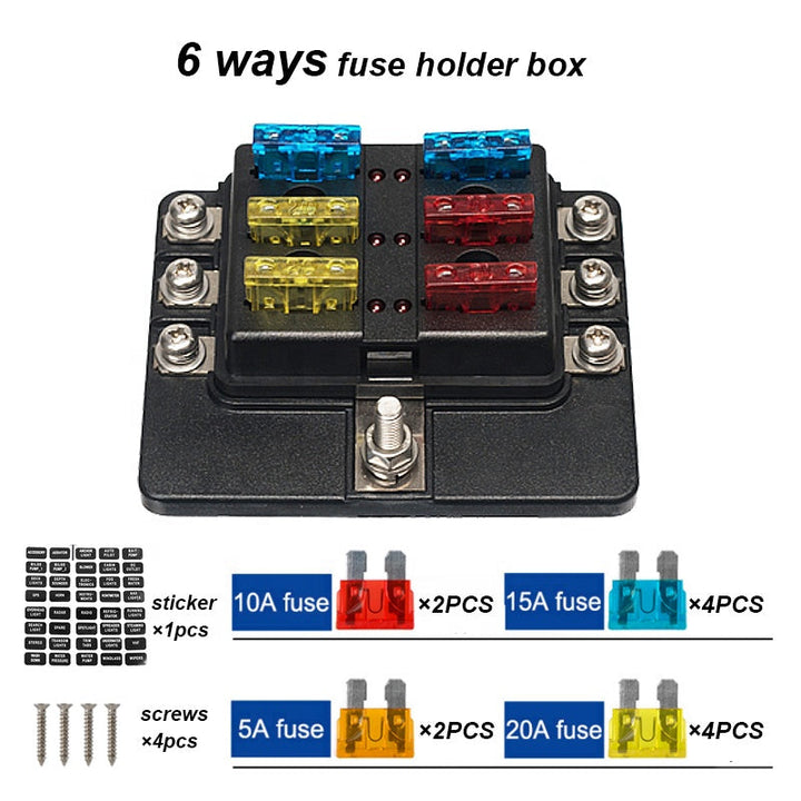 6-Way 32V Fuse Box Car Blade Holder Modified Terminal LED Warning Light Block Fuse