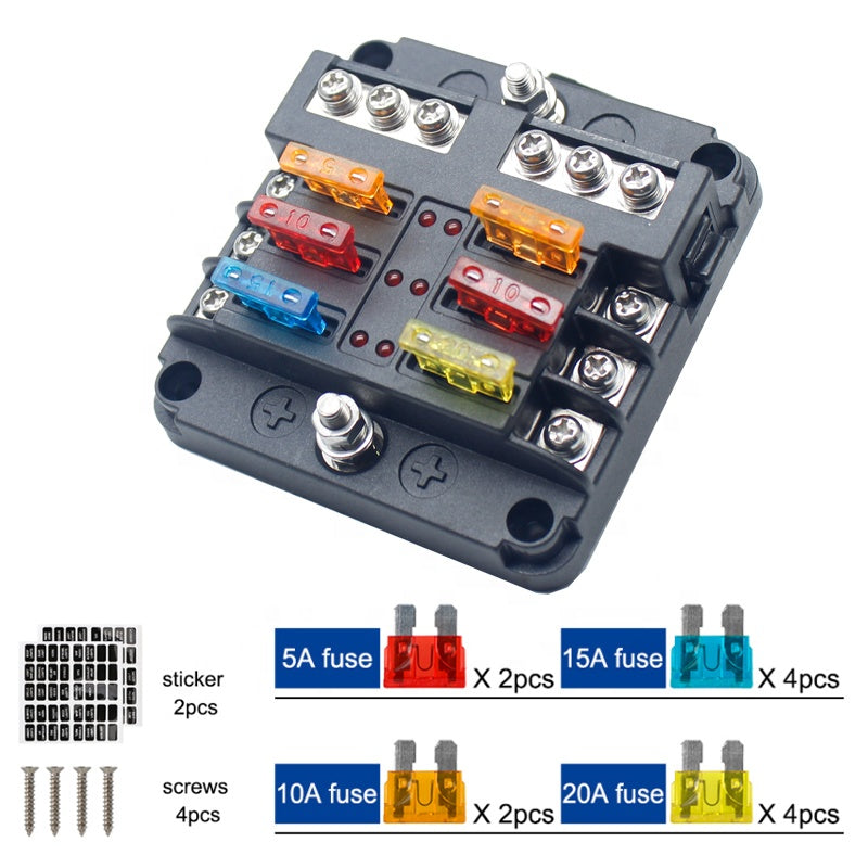 6-Way Fuse Block with LED Warning Indicator 6 Circuits Negative Bus Fuse Box for Car Boat Marine RV Truck