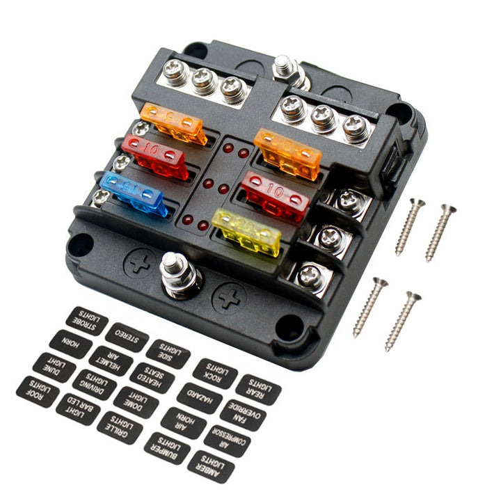 6-Way auto Car Fuse Holder Box Blade Fuse Block Screw Nut Terminal W/Negative Bus Free Fuses LED Indicator