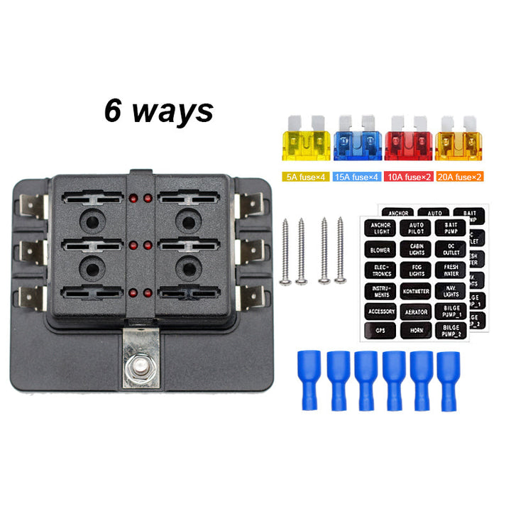 6 Way Blade Fuse Box with LED Light Indication Cover Holder Car Boat Standard Circuit Fuse Holder Box Block