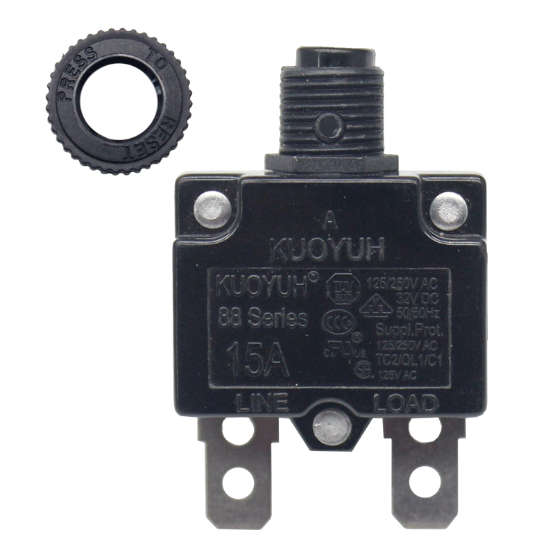 KUOYUH 15 Amp 88 Series Quick Connect Terminals Push-To-Reset Thermal Circuit Breaker