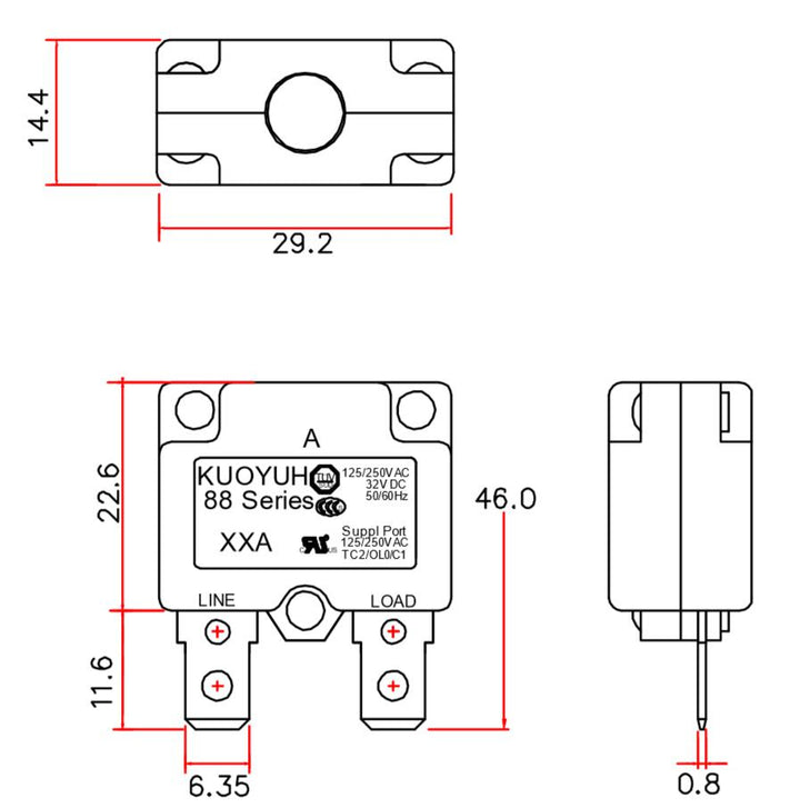 KUOYUH 16 Amp 88AR Series Quick Connect Terminals Automatic-Reset Thermal Circuit Breaker