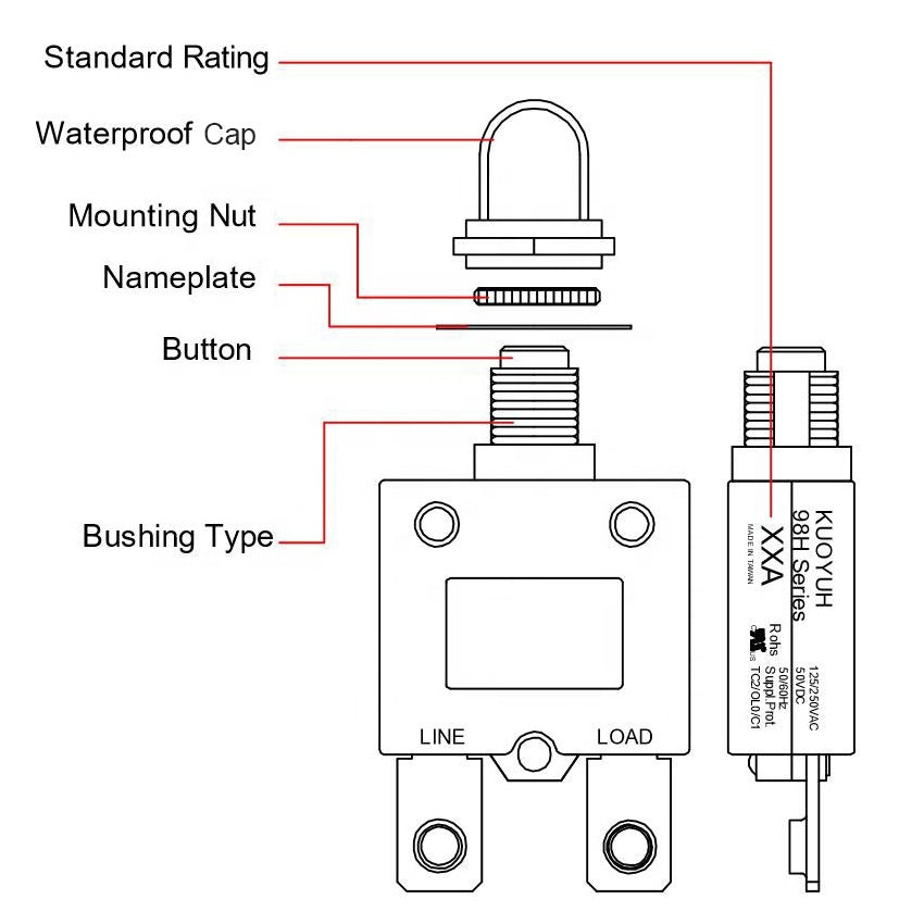 KUOYUH 60 Amp 98H Series Screw Connect Terminals Push-To-Reset Thermal Circuit Breaker with Transparent Waterproof Dust Button Cover