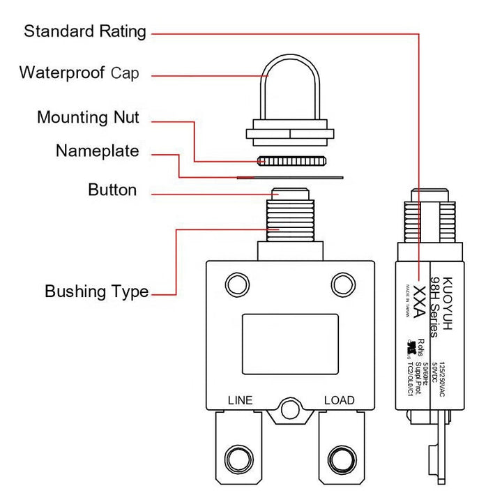 KUOYUH 60 Amp 98H Series Screw Connect Terminals Push-To-Reset Thermal Circuit Breaker with Transparent Waterproof Dust Button Cover