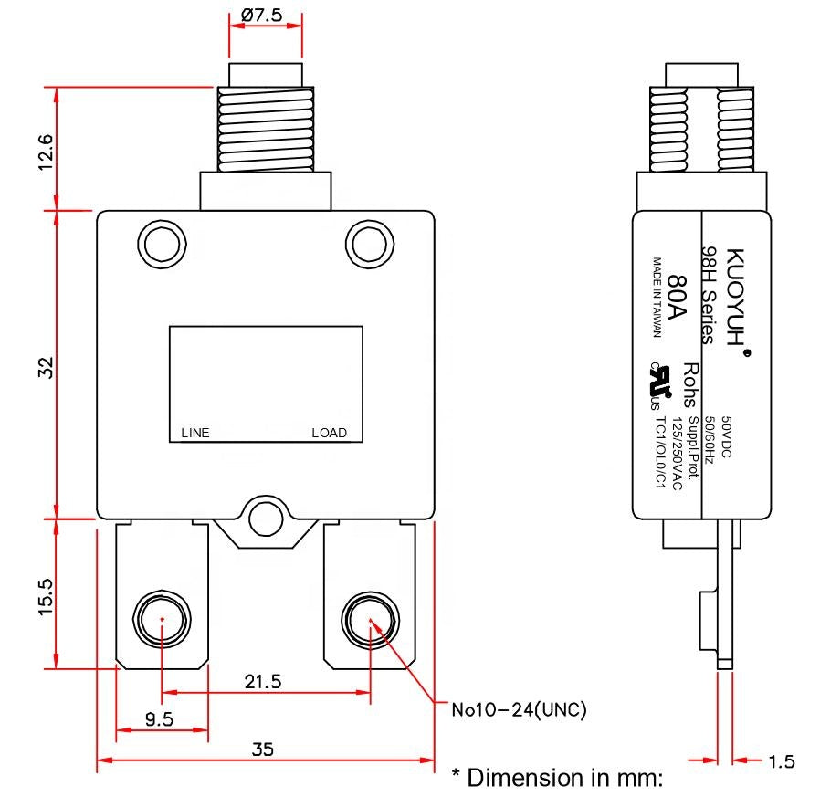 KUOYUH 60 Amp 98H Series Screw Connect Terminals Push-To-Reset Thermal Circuit Breaker with Transparent Waterproof Dust Button Cover